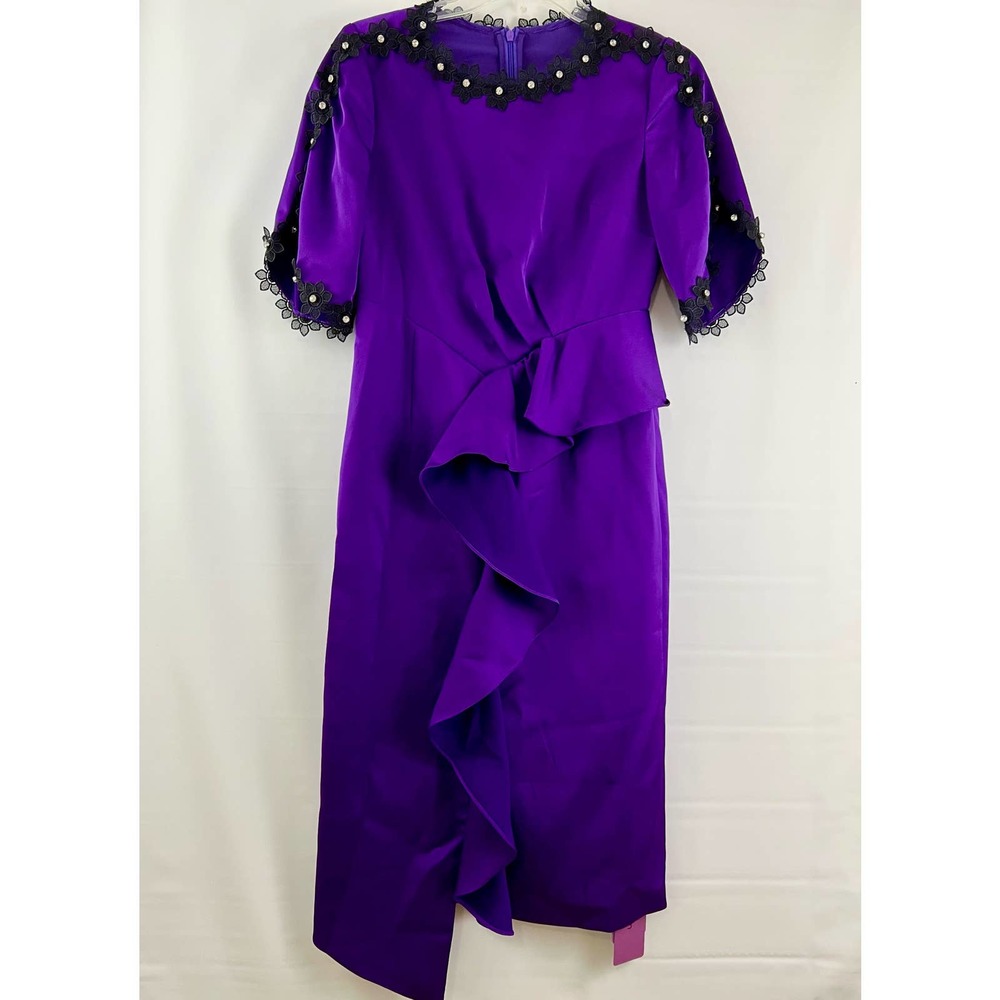 Women's Size Small NWT Kevin & Zhen Ruffle Dress Black & Purple Knee Length